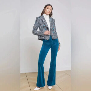 L'AGENCE Brooke Tweed Blazer With Fringe size 2 Blue Black Green